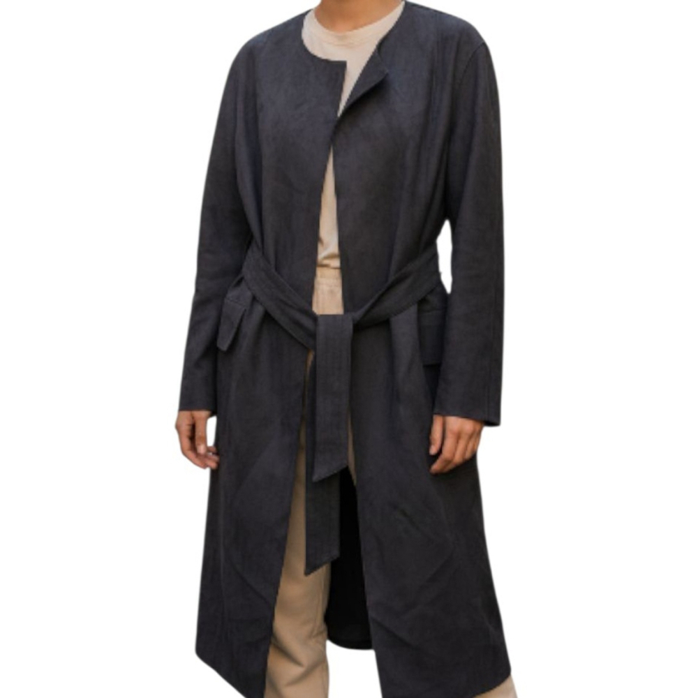 MNG Basics/MANGO Women's Collarless Belted Suede Black Trench Coat Size XS